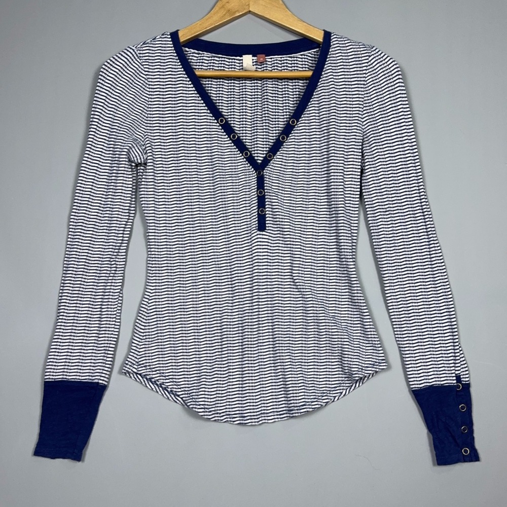 Pilcro Henley Top Shirt Womens Size XS Waffle Knit Striped Blue Coastal